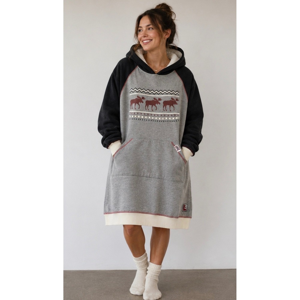 Lazy One Sleep Hoodie Dress Womens L/XL Gray Moose Sherpa Lined Outdoors Y2K